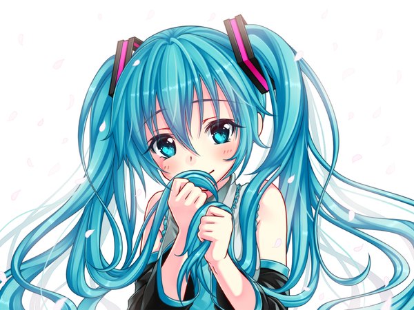 Anime picture 924x693 with vocaloid hatsune miku kotobuki0101 single long hair looking at viewer blush fringe simple background smile hair between eyes white background twintails bare shoulders aqua eyes aqua hair covered mouth girl detached sleeves petals