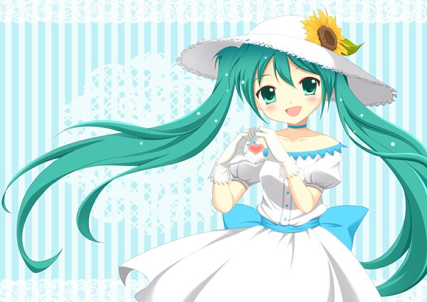 Anime picture 1131x800 with vocaloid hatsune miku takatsuki mi mi mi single long hair open mouth twintails aqua eyes aqua hair loli heart hands girl dress gloves hat heart sunflower