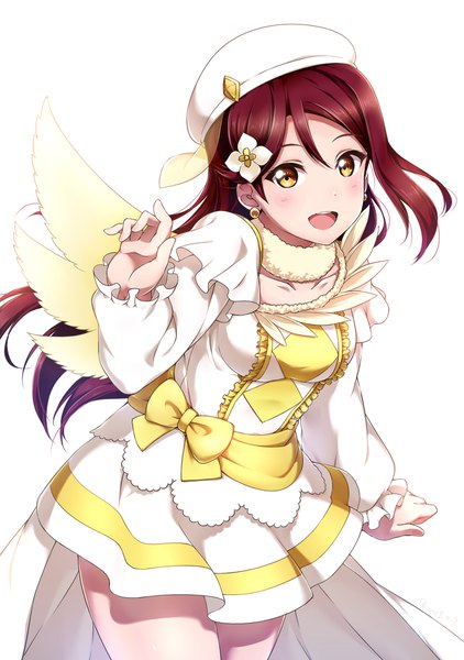 Anime picture 1440x2048 with love live! sunshine!! sunrise (studio) love live! sakurauchi riko shiimai single long hair tall image looking at viewer blush fringe open mouth simple background smile hair between eyes standing white background yellow eyes payot red hair