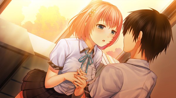 Anime picture 1280x720 with ayame no machi to ohimesama kazuharu kina blush short hair breasts open mouth blue eyes wide image large breasts pink hair game cg sunlight :o couple evening sunset girl boy skirt uniform