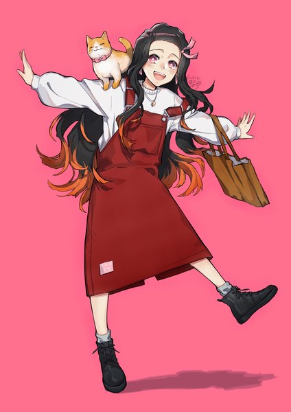 Anime picture 2480x3508 with kimetsu no yaiba ufotable kamado nezuko piroshiki123 single long hair tall image looking at viewer highres open mouth black hair simple background standing full body :d pink eyes multicolored hair two-tone hair alternate costume standing on one leg