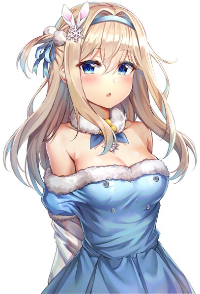 Anime picture 3293x4853 with girls frontline suomi kp31 (girls frontline) nyung single long hair tall image looking at viewer blush fringe highres breasts open mouth blue eyes blonde hair simple background hair between eyes white background absurdres off shoulder fur trim