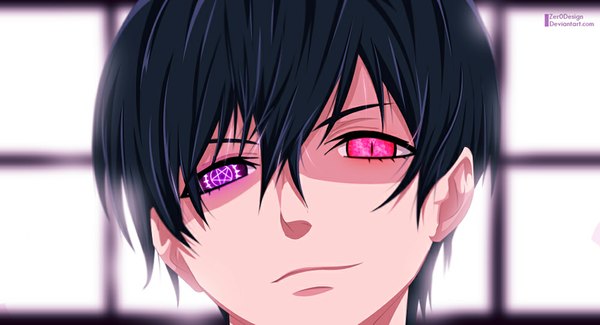 Anime picture 1000x543 with kuroshitsuji a-1 pictures ciel phantomhive zeroooart single smile wide image purple eyes pink eyes sunlight heterochromia coloring portrait face boy window