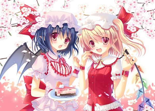 Anime picture 1074x772 with touhou flandre scarlet remilia scarlet sousouman blush short hair open mouth blonde hair red eyes multiple girls blue hair pointy ears one side up cherry blossoms eating girl skirt bow 2 girls wings