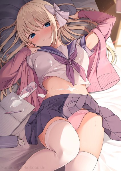 Anime picture 1414x2000 with original nekokobushi single long hair tall image looking at viewer blush fringe blue eyes light erotic blonde hair hair between eyes lying long sleeves parted lips pleated skirt open clothes arms up midriff on back