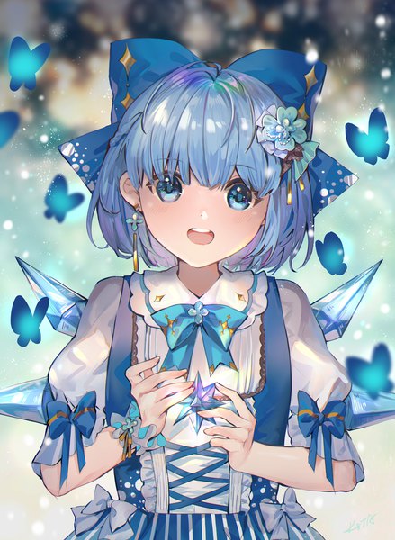 Anime picture 1500x2051 with touhou cirno kita (kitairoha) single tall image looking at viewer short hair open mouth blue eyes blue hair upper body :d teeth girl hair ornament bow hair bow insect butterfly single earring