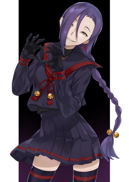 Anime picture 848x1200 with re:creators chikujouin magane yamaishi (mukoubuti) single long hair tall image looking at viewer blush fringe simple background smile hair between eyes standing yellow eyes purple hair braid (braids) long sleeves head tilt pleated skirt hair over one eye