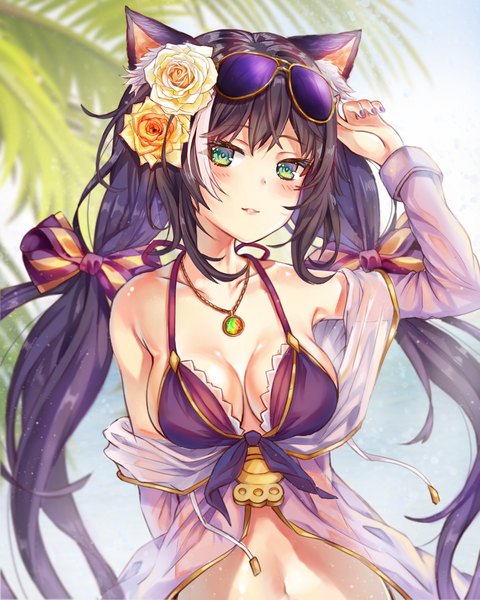 Anime picture 1200x1500 with princess connect! re:dive princess connect! karyl (princess connect!) sxbzero single long hair tall image looking at viewer blush fringe breasts light erotic black hair smile hair between eyes twintails green eyes animal ears payot outdoors