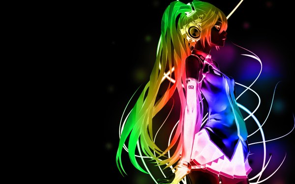 Anime picture 1920x1200 with vocaloid hatsune miku single long hair highres wide image twintails profile dark background multicolored girl gloves detached sleeves miniskirt necktie elbow gloves headphones