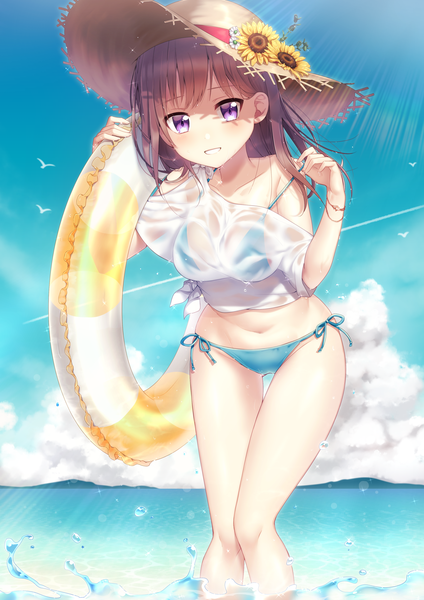 Anime picture 2026x2865 with original moe2018 ichiren namiro single long hair tall image looking at viewer fringe highres light erotic brown hair standing purple eyes holding sky cloud (clouds) parted lips sunlight wet thigh gap