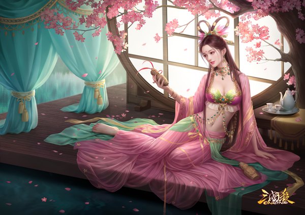 Anime picture 4961x3508 with legend of the three kingdoms diao chan (legend of the three kingdoms) fan xiu single long hair fringe highres breasts brown hair sitting holding brown eyes looking away absurdres cleavage full body nail polish traditional clothes parted lips barefoot