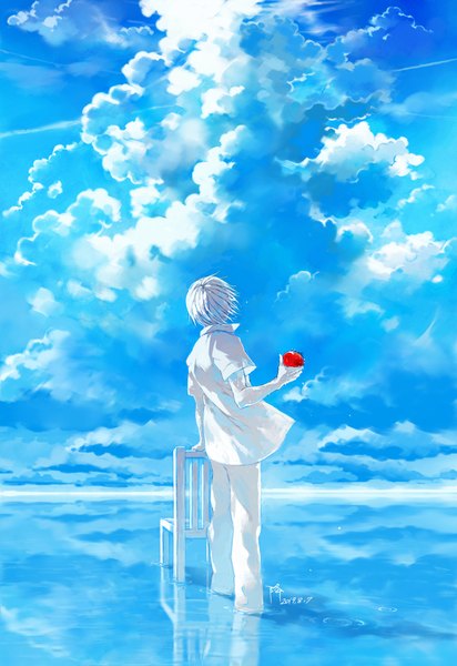 Anime picture 1600x2330 with tokyo ghoul studio pierrot kaneki ken yongkang single tall image short hair standing holding sky cloud (clouds) full body outdoors white hair wind from behind open shirt dated reflection horizon