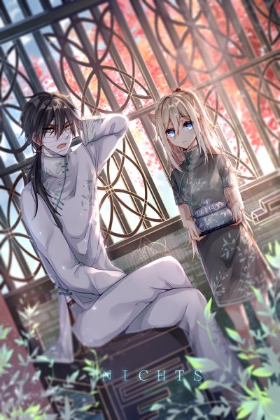 Anime picture 1600x2400 with satsuriku no tenshi ray (satsuriku no tenshi) zack (satsuriku no tenshi) nichts (pixiv19636538) long hair tall image looking at viewer fringe open mouth blue eyes black hair blonde hair hair between eyes standing sitting holding signed traditional clothes blurry grey eyes