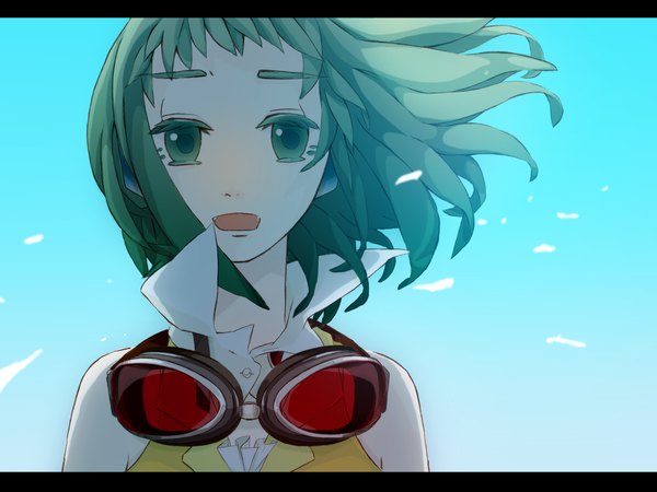 Anime-Bild 1600x1200 mit vocaloid gumi fringe short hair open mouth green eyes green hair wind wallpaper happy close-up face girl petals goggles