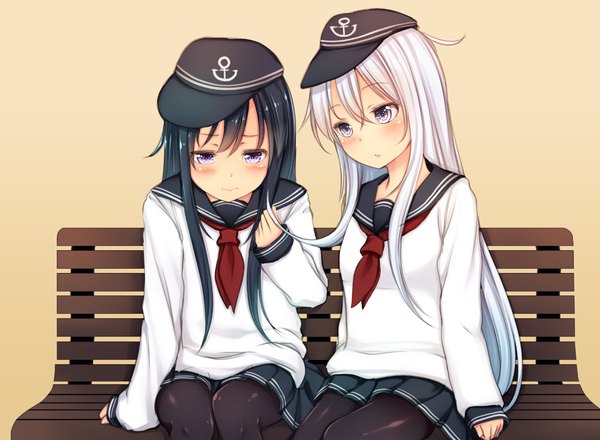 Anime picture 1200x880 with kantai collection hibiki destroyer akatsuki destroyer kiyomin long hair blush black hair simple background purple eyes multiple girls looking away white hair looking down girl uniform 2 girls pantyhose serafuku flat cap bench