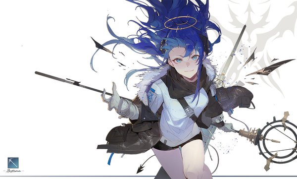Anime picture 1200x721 with arknights mostima (arknights) kuroduki (pieat) single long hair looking at viewer blue eyes wide image white background blue hair tail open jacket fur trim character names girl gloves jacket shorts white gloves fur