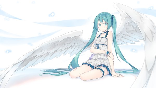 Anime picture 1920x1080 with vocaloid hatsune miku fhang single long hair fringe highres simple background hair between eyes wide image white background sitting twintails payot bent knee (knees) aqua eyes aqua hair arm support white wings girl