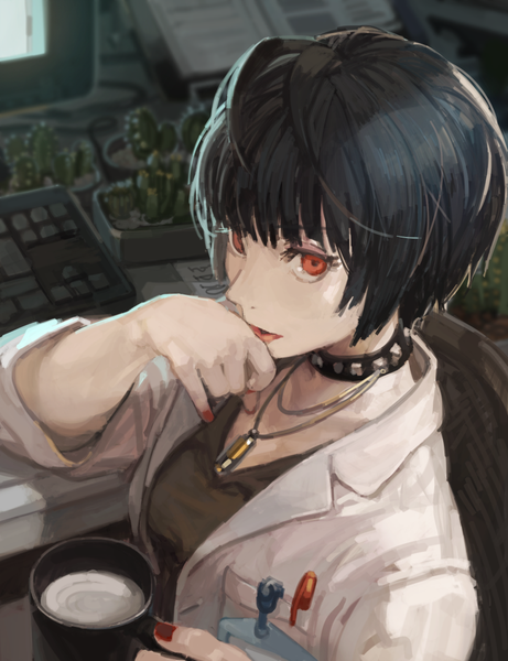 Anime picture 800x1041 with persona 5 persona takemi tae burari single tall image looking at viewer fringe short hair black hair hair between eyes red eyes holding ahoge upper body indoors blunt bangs nail polish parted lips from above