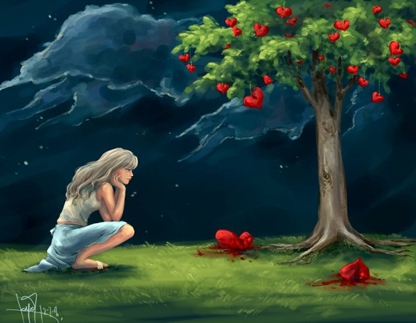 Anime picture 1050x816 with original kiyaaa (artist) long hair blonde hair signed sky cloud (clouds) inscription night arm support night sky squat girl plant (plants) tree (trees) heart blood grass