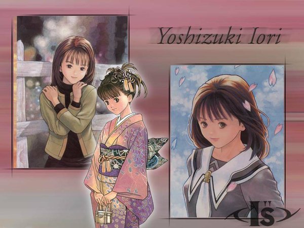 Anime picture 1024x768 with i"s yoshizuki iori looking at viewer fringe short hair brown hair holding brown eyes sky cloud (clouds) upper body traditional clothes head tilt japanese clothes light smile depth of field character names multiview girl uniform