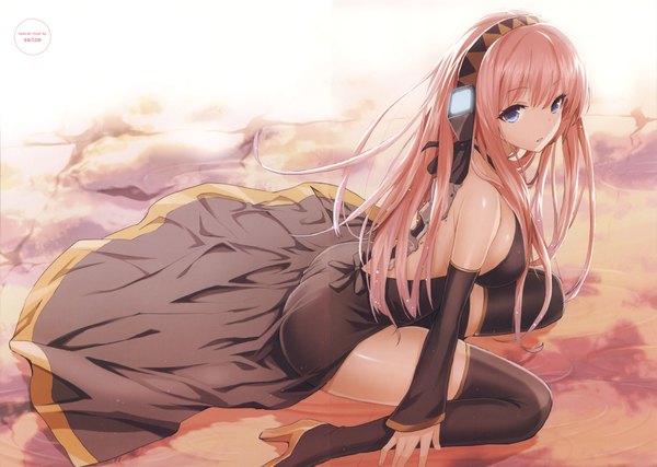 Anime picture 9825x7000 with vocaloid megurine luka saitom single long hair highres blue eyes light erotic sitting bare shoulders pink hair absurdres scan girl dress detached sleeves boots hairband headphones black dress