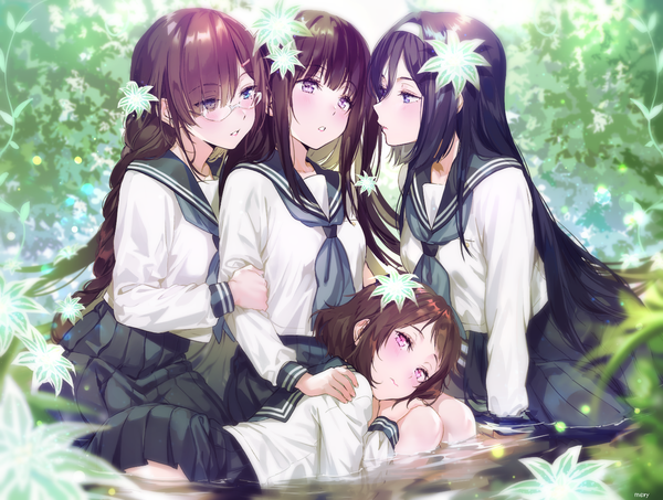 Anime picture 1420x1073 with hyouka kyoto animation chitanda eru ibara mayaka irisu fuyumi juumonji kaho mery (yangmalgage) long hair blush fringe black hair hair between eyes brown hair sitting multiple girls payot looking away outdoors lying blunt bangs