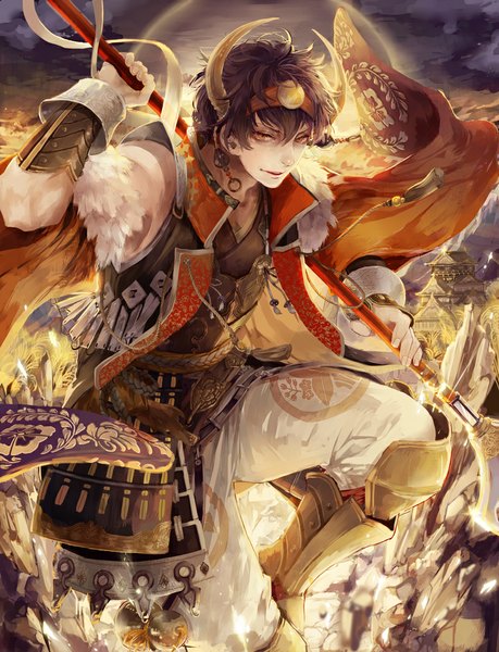 Anime picture 800x1046 with original yukisame single tall image looking at viewer short hair open mouth black hair smile holding yellow eyes cloud (clouds) traditional clothes horn (horns) sunlight glowing broken boy flower (flowers) ribbon (ribbons)