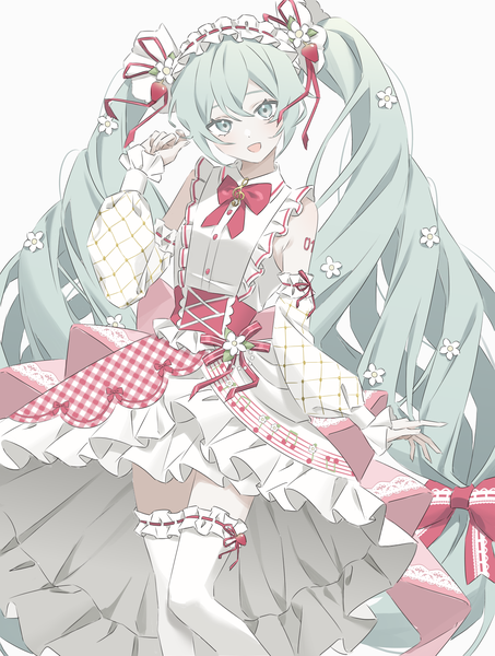 Anime picture 1627x2157 with vocaloid hatsune miku strawberry miku (morikura) azuki (ckxs7444) single tall image looking at viewer fringe open mouth simple background hair between eyes white background twintails very long hair :d hair flower aqua eyes aqua hair treble clef girl