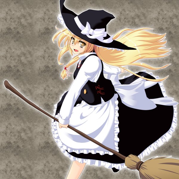 Anime picture 2048x2048 with touhou kirisame marisa taletale single long hair blush highres open mouth blonde hair yellow eyes witch girl skirt bow witch hat skirt set broom