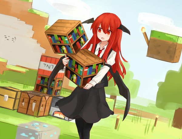 Anime picture 1284x979 with touhou minecraft koakuma hinami047 single long hair fringe open mouth hair between eyes red eyes holding outdoors red hair long sleeves :o walking bat wings head wings nature girl