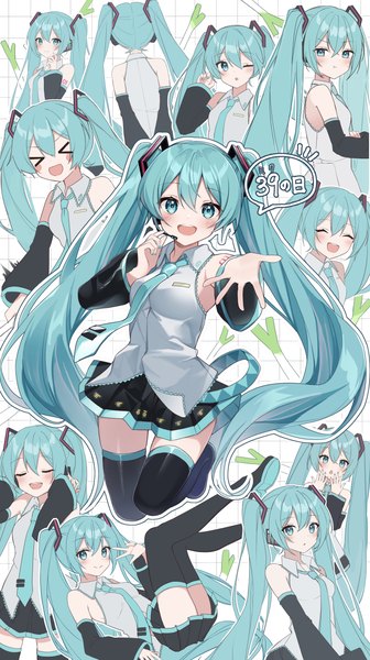 Anime-Bild 2250x4020 mit vocaloid hatsune miku noneon319 tall image looking at viewer blush fringe highres open mouth hair between eyes twintails eyes closed very long hair :d one eye closed aqua eyes aqua hair multiview ^ ^ outstretched hand