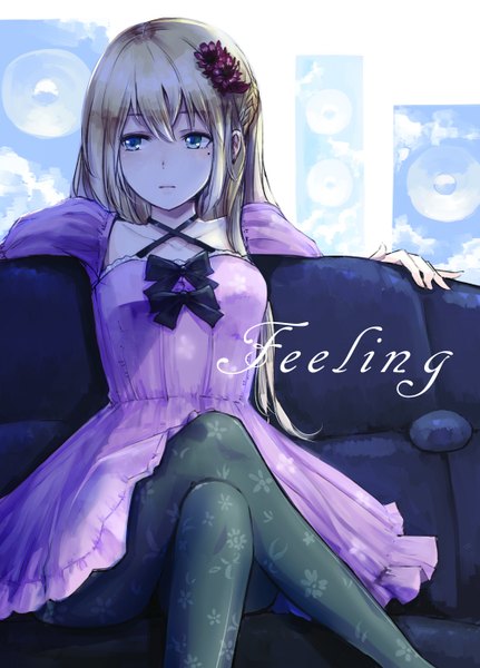 Anime picture 1000x1390 with original minato (shouno) single long hair tall image highres blue eyes blonde hair sitting looking away hair flower mole mole under eye crossed legs girl dress hair ornament flower (flowers) pantyhose couch