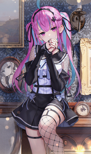 Anime picture 1474x2500 with virtual youtuber hololive minato aqua scottie (phantom2) single long hair tall image looking at viewer fringe sitting twintails payot pink hair ahoge indoors blunt bangs braid (braids) long sleeves nail polish head tilt