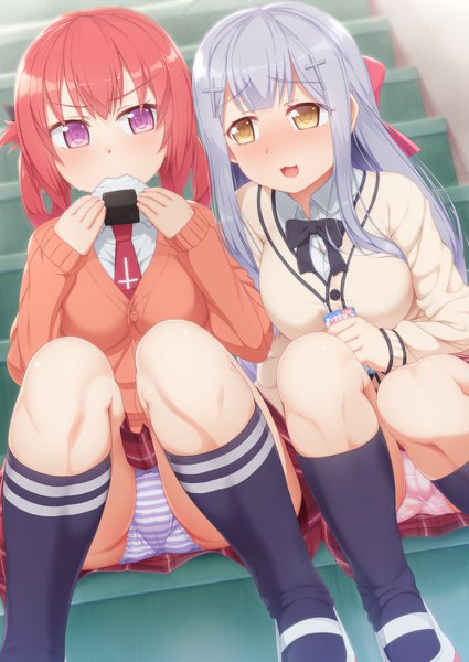 Anime picture 850x1200 with gabriel dropout doga kobo satanichia kurumizawa mcdowell shiraha raphiel ainsworth tachimi (basue) long hair tall image blush short hair open mouth light erotic smile sitting purple eyes multiple girls yellow eyes payot silver hair ahoge bent knee (knees)