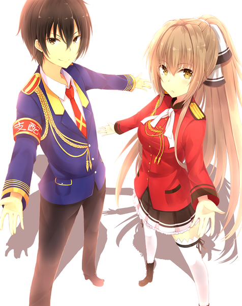 Anime picture 1000x1261 with amagi brilliant park kyoto animation sento isuzu kanie seiya hiiragi yashiro long hair tall image looking at viewer short hair black hair smile brown hair brown eyes ponytail shadow girl thighhighs boy skirt uniform