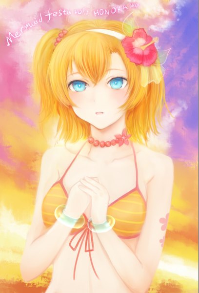 Anime picture 855x1257 with love live! school idol project sunrise (studio) love live! kousaka honoka moekyon single tall image short hair open mouth blue eyes blonde hair bare shoulders hair flower one side up girl hair ornament flower (flowers) swimsuit bikini bracelet