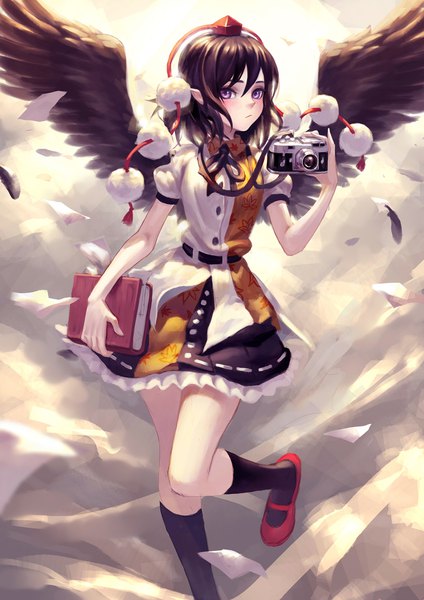 Anime picture 1500x2122 with touhou shameimaru aya fkey single tall image looking at viewer blush fringe short hair black hair hair between eyes purple eyes holding cloud (clouds) pointy ears short sleeves puffy sleeves black wings expressionless frilly skirt