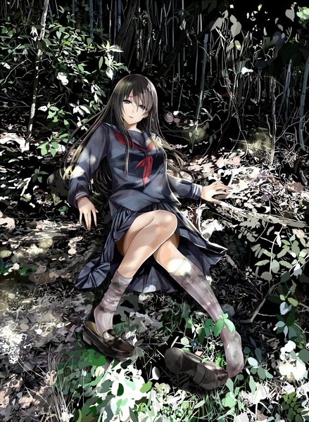Anime picture 785x1074 with original mikipuruun no naegi single long hair tall image looking at viewer fringe black hair hair between eyes purple eyes full body bent knee (knees) long sleeves parted lips pleated skirt arm support reclining expressionless nature shoes removed