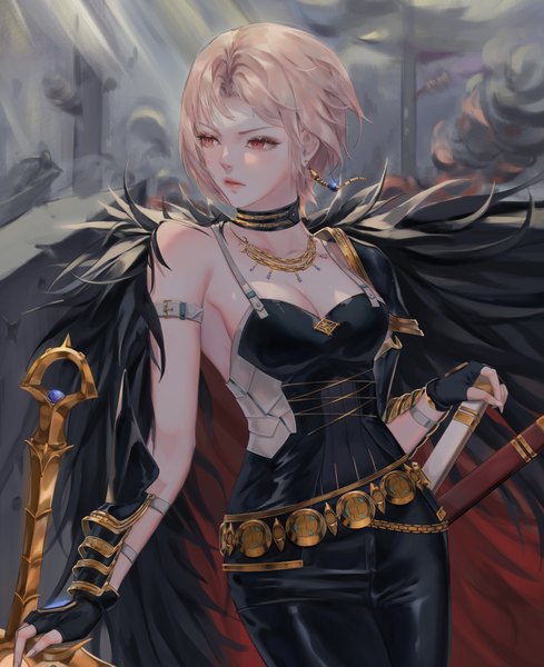 Anime picture 4297x5271 with dungeon and fighter bbul horn single tall image fringe highres short hair breasts blonde hair red eyes standing looking away absurdres cleavage lips realistic serious sheathed girl gloves