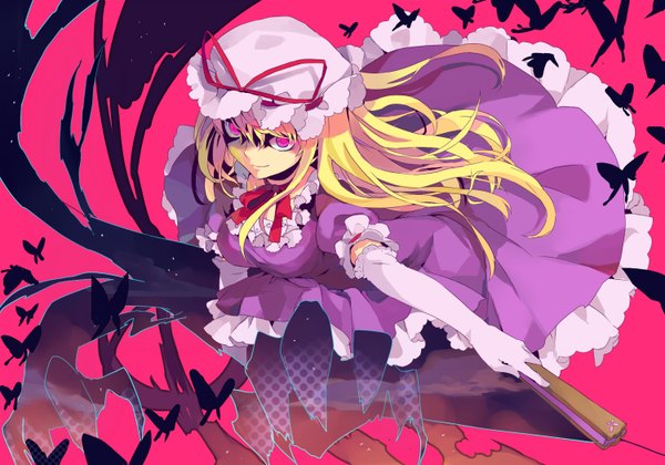 Anime picture 1500x1050 with touhou yakumo yukari shionty single long hair blonde hair pink eyes girl dress gloves elbow gloves insect butterfly bonnet fan