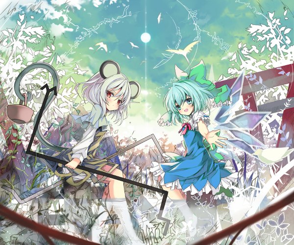 Anime picture 1200x1000 with touhou cirno nazrin shino (eefy) looking at viewer blush short hair open mouth red eyes multiple girls sky silver hair looking back aqua eyes aqua hair outstretched arm soaking feet mouse ears mouse tail girl