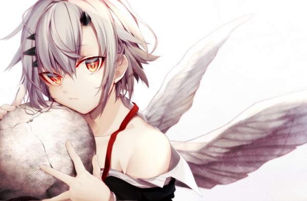 Anime picture 1200x787 with original shirotaka (5choume) single looking at viewer short hair simple background red eyes white background bare shoulders horn (horns) grey hair angel wings oni horns girl wings skull