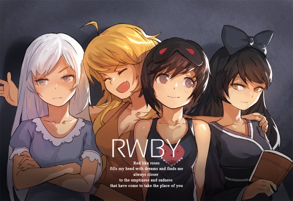 Anime picture 1200x826 with rwby rooster teeth ruby rose weiss schnee blake belladonna yang xiao long mzt (pixiv) long hair fringe short hair breasts open mouth black hair blonde hair smile brown hair purple eyes multiple girls holding brown eyes