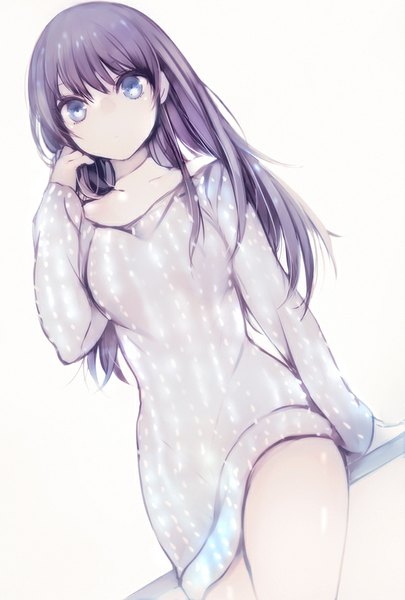Anime picture 600x888 with original lpip single long hair tall image looking at viewer fringe simple background white background sitting purple eyes purple hair dutch angle adjusting hair girl dress purple dress
