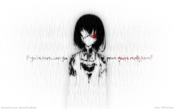 Anime picture 1920x1200 with another p.a. works misaki mei single highres short hair black hair simple background white background absurdres inscription wallpaper text monochrome rain girl uniform school uniform blood eyepatch