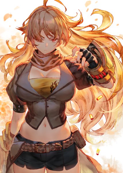 Anime picture 858x1204 with rwby rooster teeth yang xiao long ac (eshi) single long hair tall image looking at viewer fringe breasts simple background blonde hair red eyes standing cleavage ahoge hair over one eye puffy sleeves floating hair serious