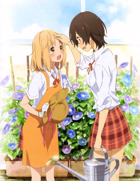 Anime-Bild 3158x4082 mit asagao to kase-san zexcs newtype kase tomoka yamada yui tagme (artist) tall image blush highres short hair open mouth blonde hair brown hair standing multiple girls holding brown eyes absurdres outdoors profile