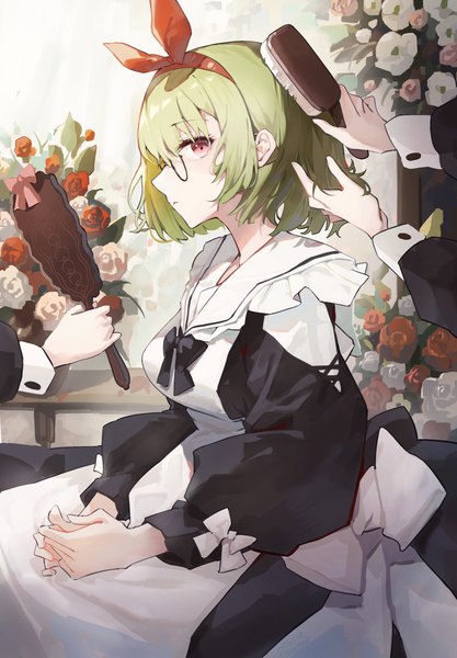 Anime picture 2214x3183 with original sentter tall image looking at viewer fringe highres short hair hair between eyes sitting holding long sleeves profile pink eyes green hair puffy sleeves hands clasped hair brushing girl dress flower (flowers)