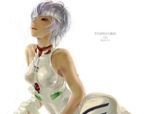 Anime picture 1024x768 with neon genesis evangelion gainax ayanami rei 8981 short hair breasts red eyes bare shoulders blue hair bandage over one eye blood bandage (bandages) pilot suit