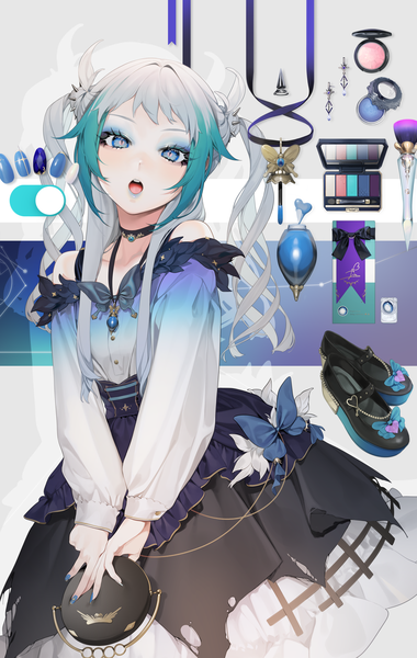 Anime picture 1902x3000 with original die (ohisashiburi) ohisashiburi single long hair tall image looking at viewer fringe highres open mouth blue eyes bare shoulders holding payot silver hair long sleeves nail polish head tilt multicolored hair fingernails